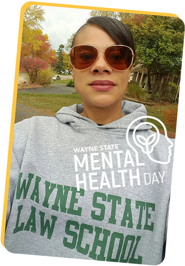 Foreground: Wayne State Mental Health Day logo; Background: Krystal Gardner selfie